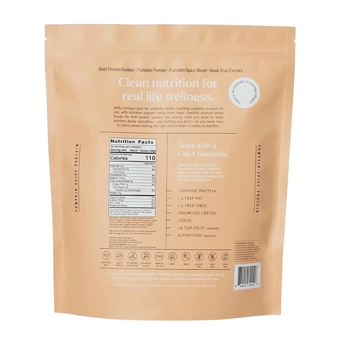 Be Well by Kelly Pumpkin Spice Grass-Fed Beef Protein Powder 23G of Protein &amp 3G Net Carbs (30 Servings) 9 Amino Acids + 3 BCAAs No Soy No Dairy Stevia-Free No Sugar Added 1.92lb 870g