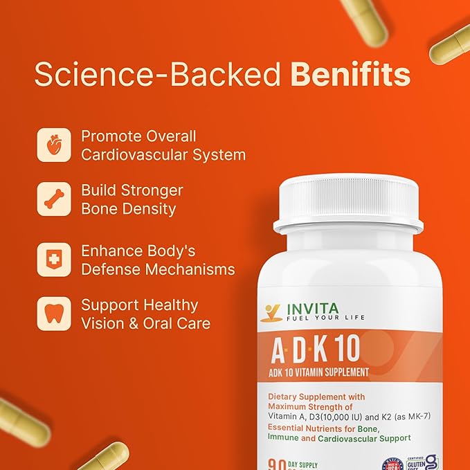 INVITA ADK 10 Vitamin Supplement – 90 Capsules – High Potency of Vitamin A D3 10000 IU &amp K2-MK7 – Physician Formulated ADK for Bone Heart &amp Immune Support – Non-GMO Gluten Free (3-Month S