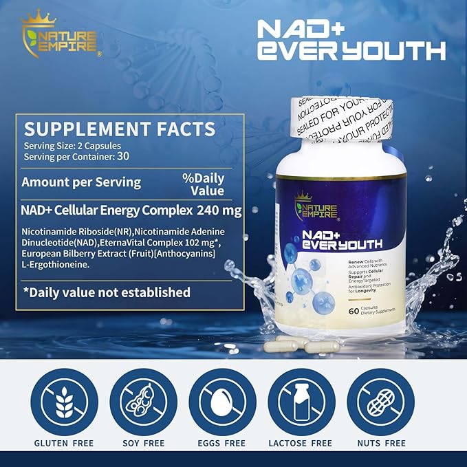 Nature Empire NAD+ Ever Youth – Cellular Renewal Supplement with L-ErgothioneineNicotinamide Riboside (NR) &amp NAD+ Antioxidant Support for Energy &amp Aging Health 60 Vegan Capsules