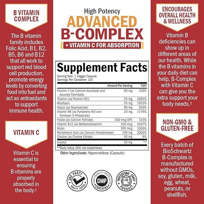 Vitamin B Complex with Vitamin C for Maximum Absorption - Methylcobalamin b12 &amp Folate Folic Acid Supplement - B1 B2 B3 B5 B6 B7 B9 for Immune Energy &amp Nervous System Support - Non-GMO 120 co