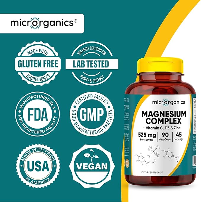 Magnesium Complex with Vitamin C D3 &amp Zinc – 525 mg per Serving from Citrate Malate &amp Glycinate – Supports Energy Muscle &amp Bone Health – 90 Vegan Capsules 45 Servings