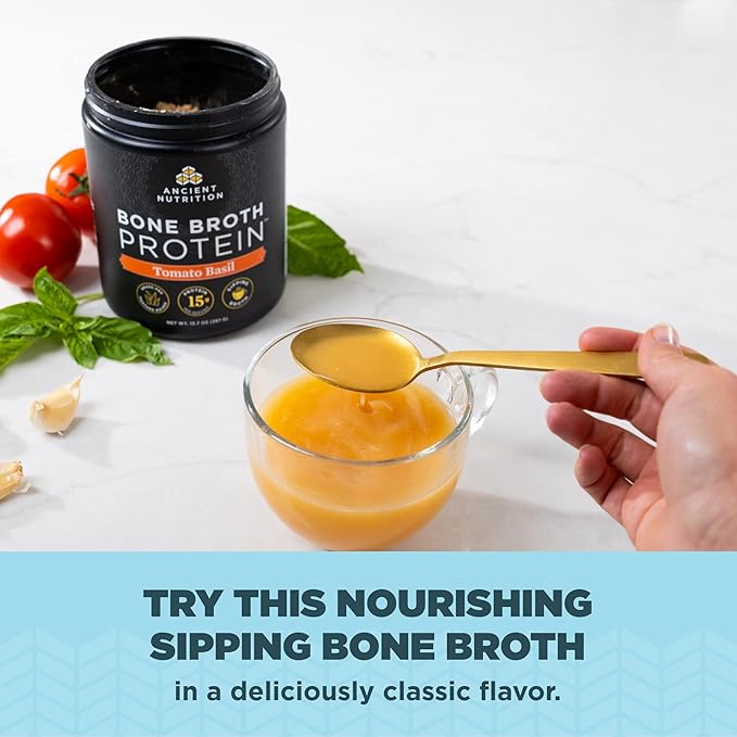Ancient Nutrition Bone Broth Protein Powder Chicken Soup 15 Servings + Bone Broth Protein Powder Tomato Basil 15 Servings