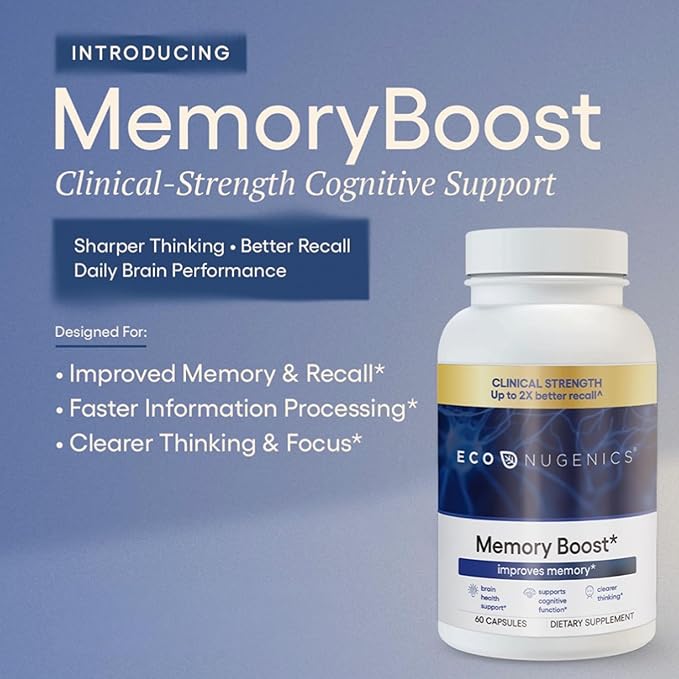 EcoNugenics Memory Boost Supplement – Clinically Studied Ingredients to Support Brain Focus &amp Health – Nootropic Formula with Bacopa Monnieri Boswellia Serrata &amp Ginkgo Biloba Extract – 60 Ca