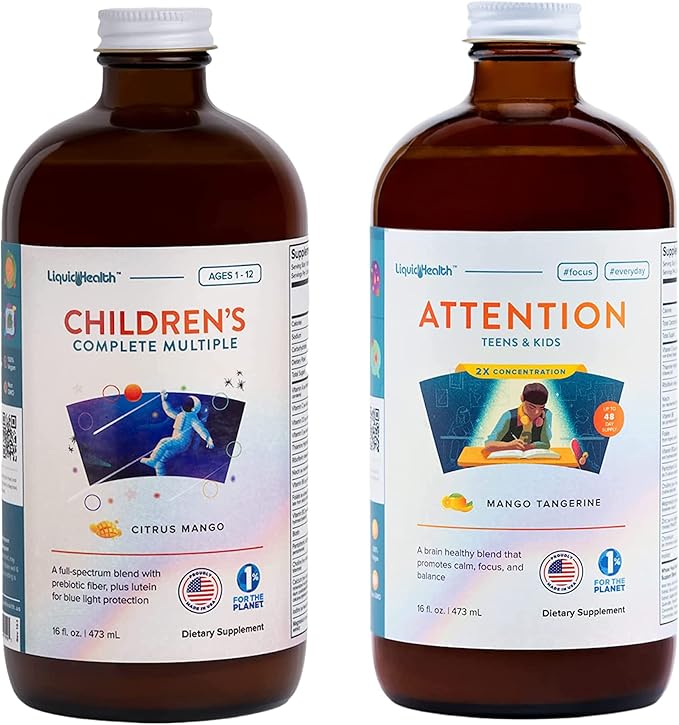 LIQUIDHEALTH Children's Complete Multivitamin &amp Attention Teens &amp Kids Liquid Vitamin Bundle for Children - Immune Support Improve Focus Concentration Boost Mood - Vegan Non-GMO Made in U