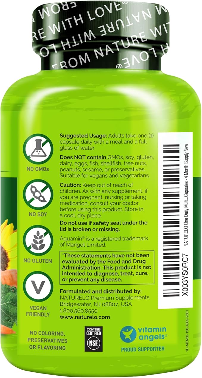 NATURELO Mens Multivitamins for Men 50+ - One Daily Multivitamin for Men with Vitamins Minerals &amp Organic Whole Foods Boost Energy &amp Health Non-GMO 120 Vegetarian Capsules