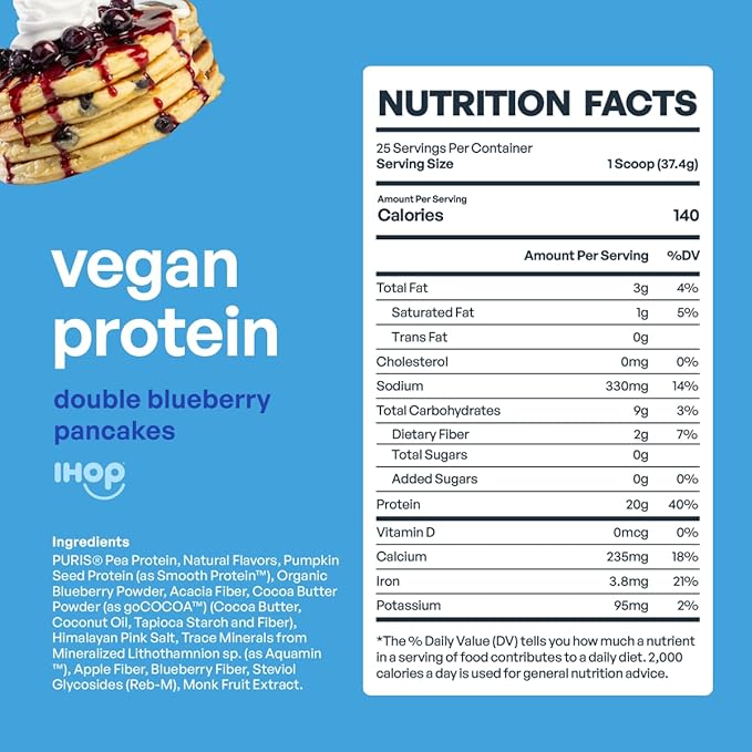 BE AMAZING Vegan Protein Powder IHOP Double Blueberry Pancakes 20g Plant Based Protein with Prebiotic Fiber Low Carb Dairy and Gluten Free Shake Mix No Added Sugar 29.3 oz 25 Servings