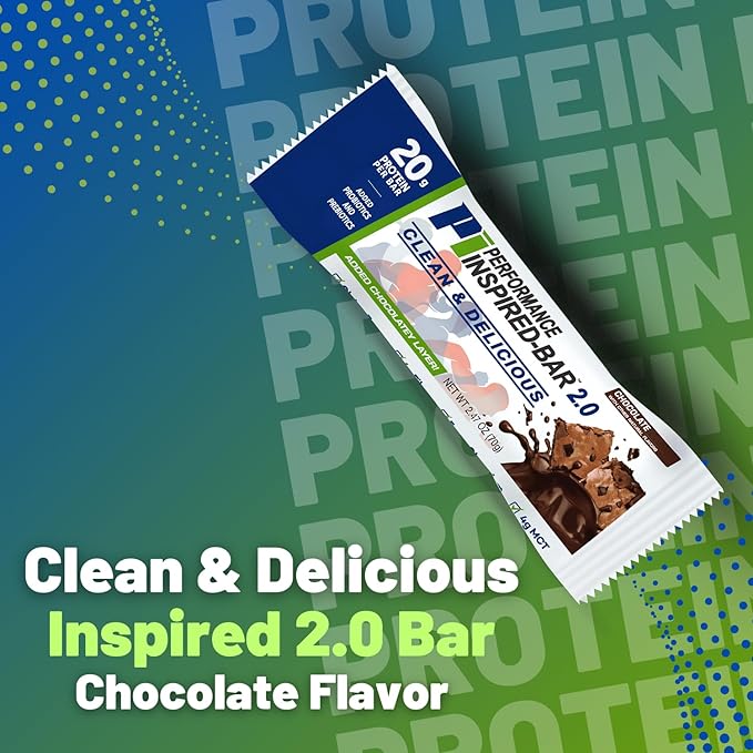 Performance Inspired Nutrition - Protein Bar 2.0 – Contains: 20G Protein - 6G Fiber - 4g MCTs - 1 Billion CFU Probiotics – 1G Prebiotics - G Free – BIG 70g bar - Chocolate 12-Ct. Box
