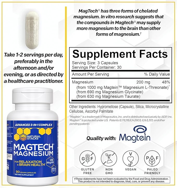 Magtein Magnesium L-Threonate Glycinate &amp Taurate – 200mg Chelated Magnesium Complex – MagTech Magnesium Supplement for Relaxation &amp Brain Health – 90 Capsules