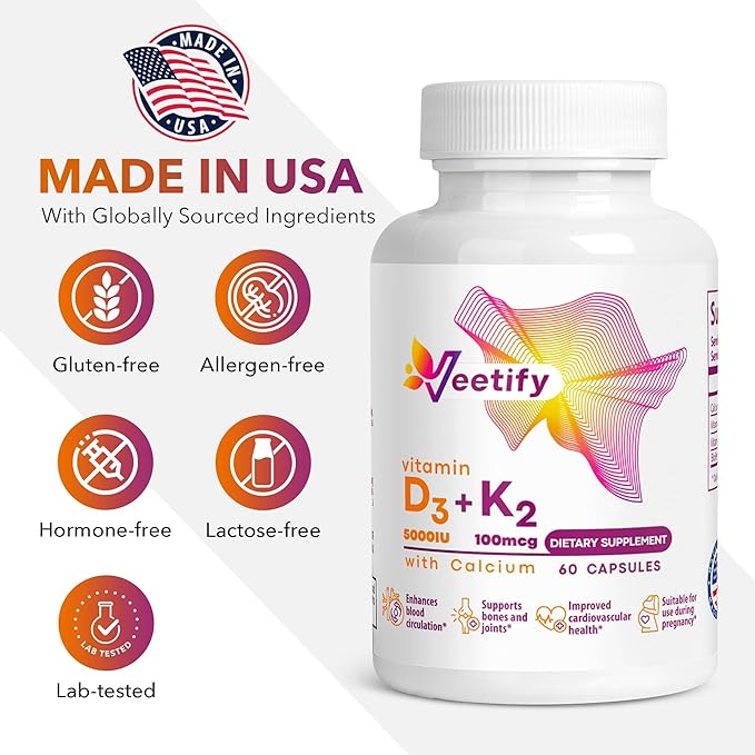 Vitamin D3 (5000 IU) + K2 (100 mcg as MK-7) with Calcium – High Absorption Supplement for Bone Heart &amp Immune Health – 60 Veggie Capsules