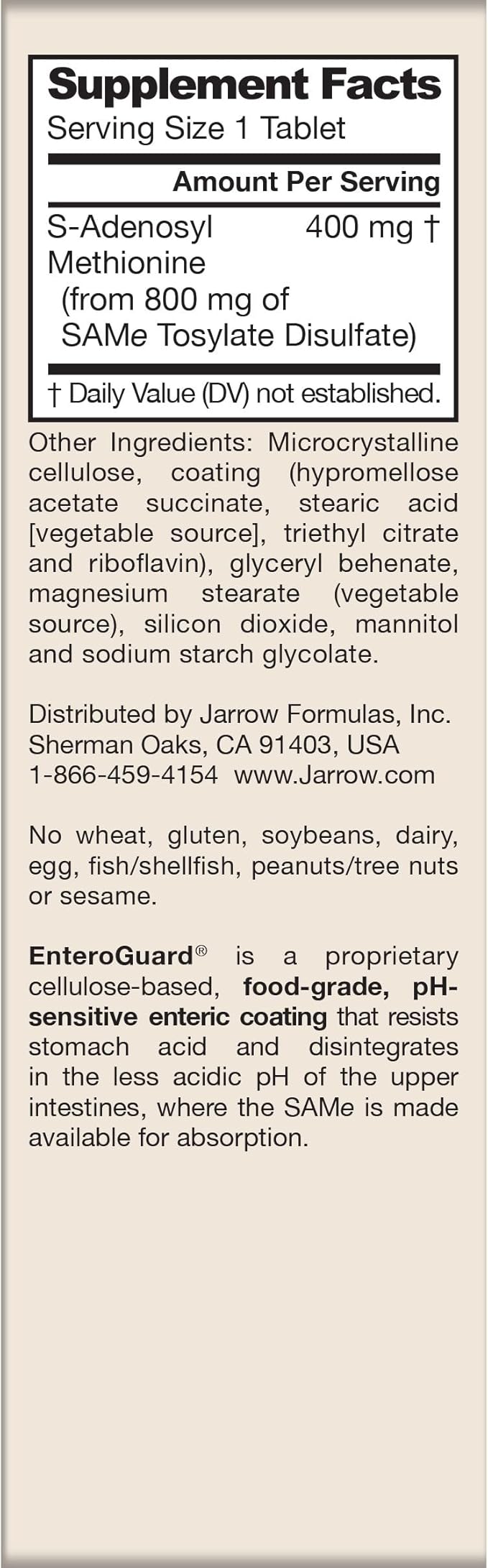 Jarrow Formulas SAMe Supplement 400 mg - 30 Tablets - High Concentration of Active SS Form - Supports Joint Health Liver Function Brain Metabolism Balanced Mood &amp Antioxidant Defense - 30 Serv