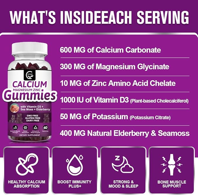 Calcium Magnesium Zinc Gummies with High Absorption Magnesium Glycinate 300mg Potassium - Plant Complex Calcium Magnesium 2:1 Ratio with D3 Sea Moss for Bone Immune &amp Sleep Support Vegan-2 Pac