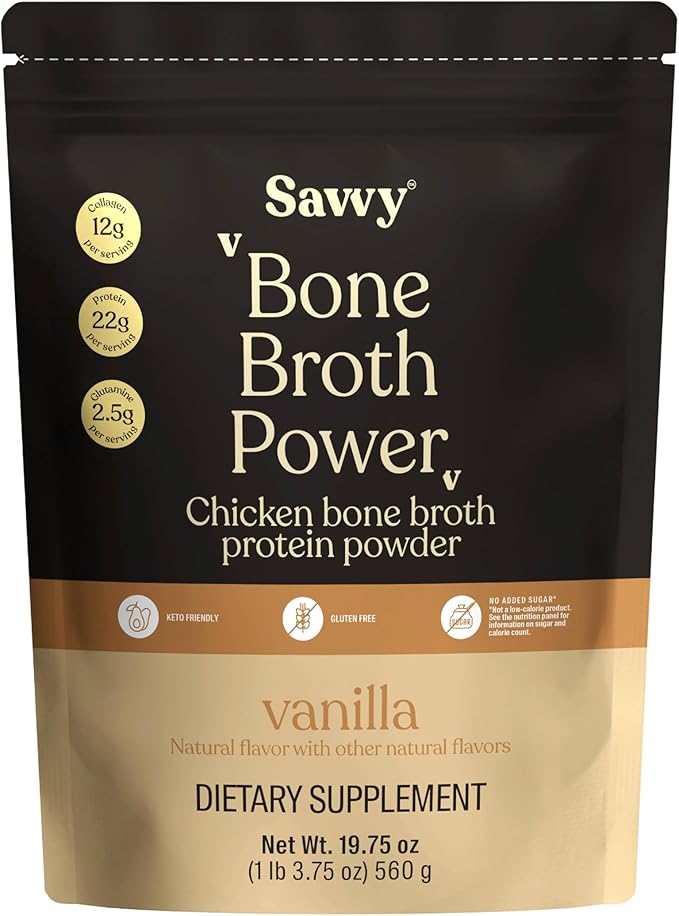 SAVVY Bone Broth Power Vanilla Protein Powder – 22g Protein 12g Collagen Glutamine MCTs – Bone Broth for Muscle Joint Digestive &amp Skin Health – Dairy-Free Keto – 560g (16 Servings)