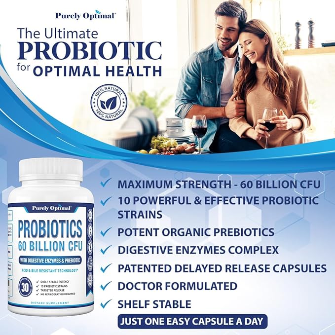 Purely Optimal Probiotics for Digestive Health 60 Billion CFU – Delayed-Release with Digestive Enzymes &amp Organic Prebiotics – Bloating Immune &amp Energy Support 30 Caps