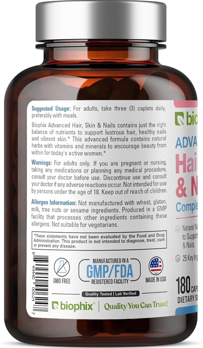 biophix Hair Skin and Nails Complex 180 Caplets with 10000 mcg Biotin - Multivitamin Supports Strong Nails Beautiful Hair Healthy Aging