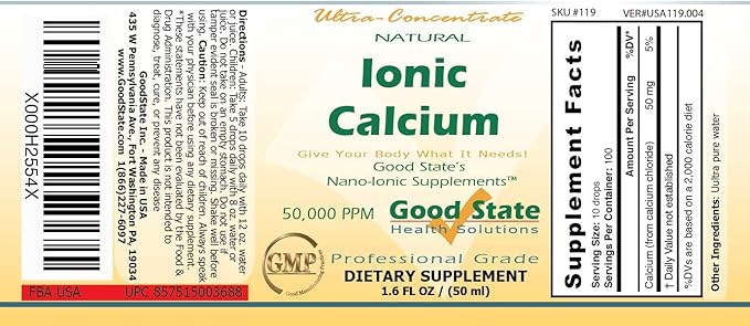 Good State | Natural Ionic Calcium | Liquid Concentrate | Nano Sized Mineral Technology | Professional Grade Dietary Supplement | Supports Healthy Bones Tendons &amp Ligaments | 1.6 Fl oz Bottle (50