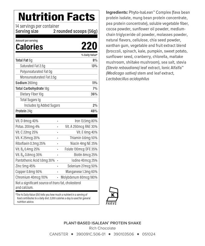 Isagenix Plant-Based IsaLean Protein Shake - Energy Powder with Whole-Food Sourced Vitamins - Supports Lean Muscle Growth &amp Healthy Metabolism - Rich Chocolate 27.2 oz (14 Servings)