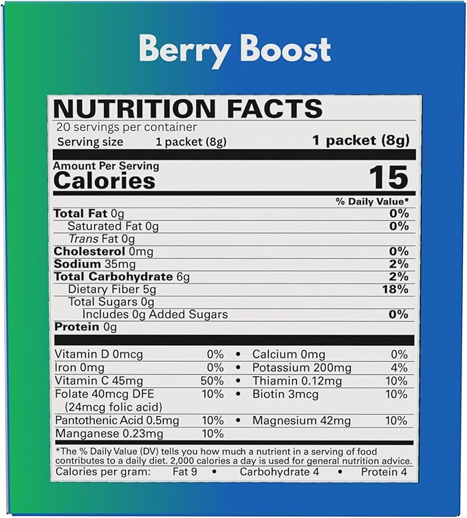 Berry Boost Fiber Drink 15 Calories GLP-1 Compatible 20 Servings Per Box