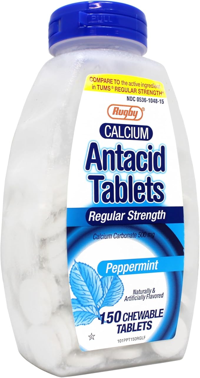 Rugby Calcium Carbonate 500mg Antacid Tablets Peppermint Regular Strengh 150 Chewable Tablets - 6 Pack