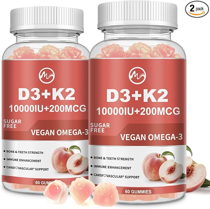 M inch Vitamin D3 K2 Gummies Vitamin D3 10000IU K2 (MK-7) 200mcg 6-in-1 Vitamina D3 Con K2 Supplement with Omega-3 Magnesium and Calcium for Bones Teeth &amp Immune Support Sugar Free 2 Packs