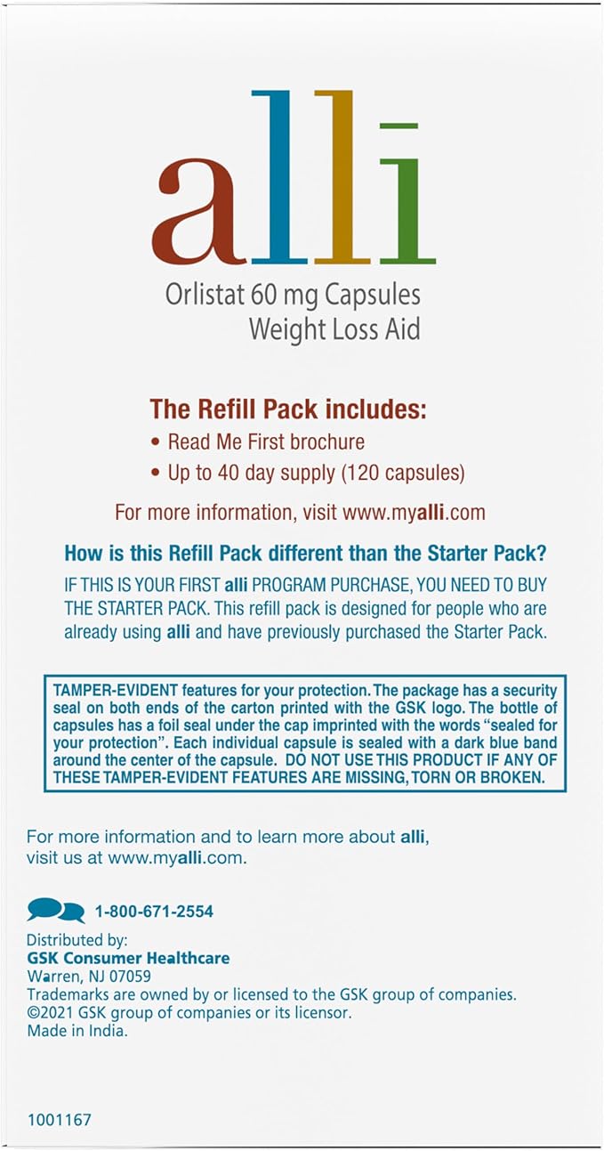 alli Weight Loss Diet Pills Orlistat 60 mg Capsules Non Prescription Weight Loss Aid 120 Count Refill Pack