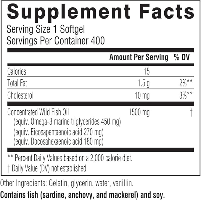 Swisse Wild Fish Oil Omega 3 Supplements for Women and Men | EPA DHA Fish Oil Supplements | Odorless - Helps Support Brain Eye and Heart Health | High Strength 1500 mg | 400 Softgel Pills
