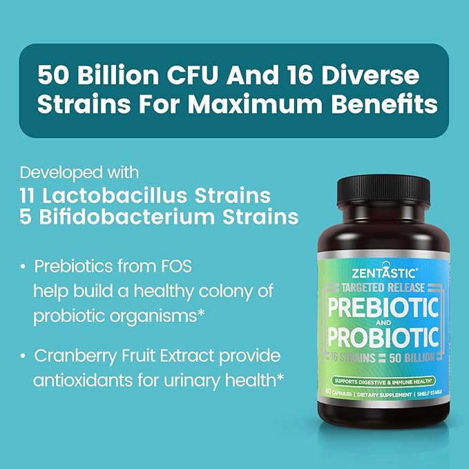Zentastic Probiotics &amp Prebiotics Supplement - 50 Billion CFU - for Men &amp Women’s Immune &amp Digestive Health - 16 Strains - Shelf Stable - 180 Delayed Release Veggie Capsules