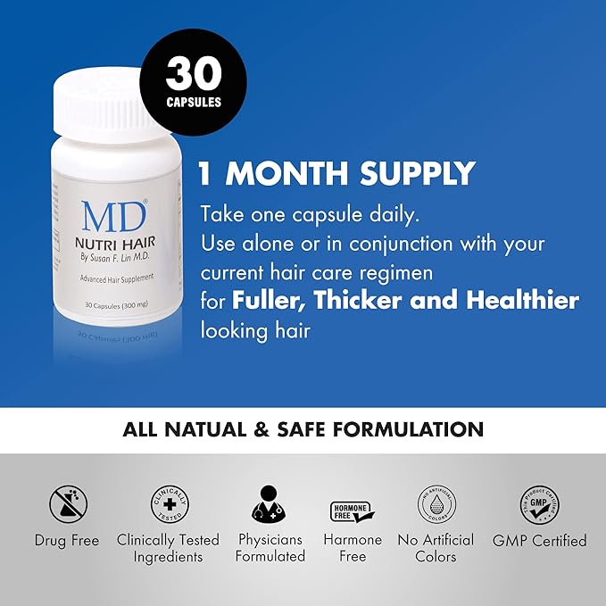 MD Nutri Hair Growth Supplement – Physician Formulated with Lilac Stem Cells Marine Collagen &amp Biotin – Supports Thicker Fuller Hair &amp Reduces Shedding – 30 Drug-Free Vegetable Capsules