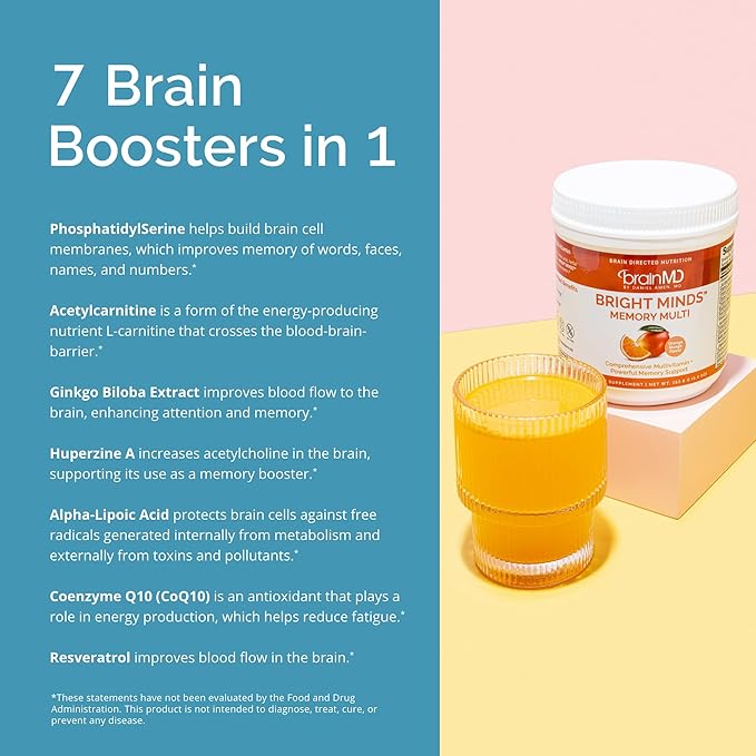 BRAINMD Dr Amen BRIGHT MINDS Memory Multi Orange Mango Flavor - 5.4 oz Powder - Multivitamin &amp Memory Support - Gluten Free Sugar Free - 30 Servings