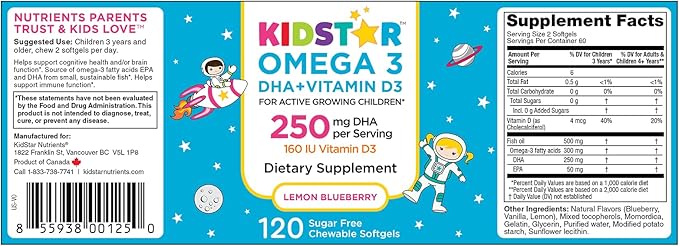 KidStar Nutrients Omega 3 with Vitamin D3 High-DHA Lemon Blueberry 120 Chewable Softgels