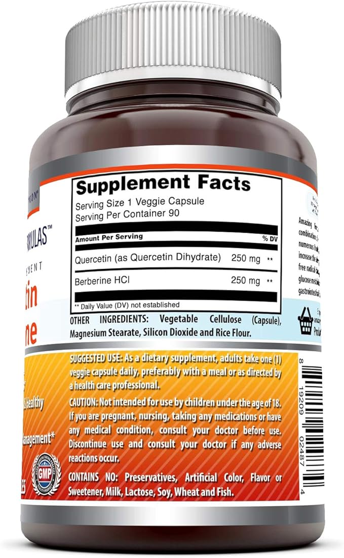Amazing Formulas Quercetin Berberine | 250 mg Berberine and 250 mg Quercetin | Veggie Capsules Supplement | Non-GMO | Gluten Free | Made in USA (90 | 2 Pack)