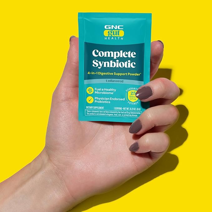 GNC Complete Synbiotic 4-in-1 Digestive Support Powder - Stomach Balance Formula with Physician-Endorsed Strains - Prebiotic Probiotic &amp Postbiotic Blend - Drink Mix - 30 Count (30 Servings)