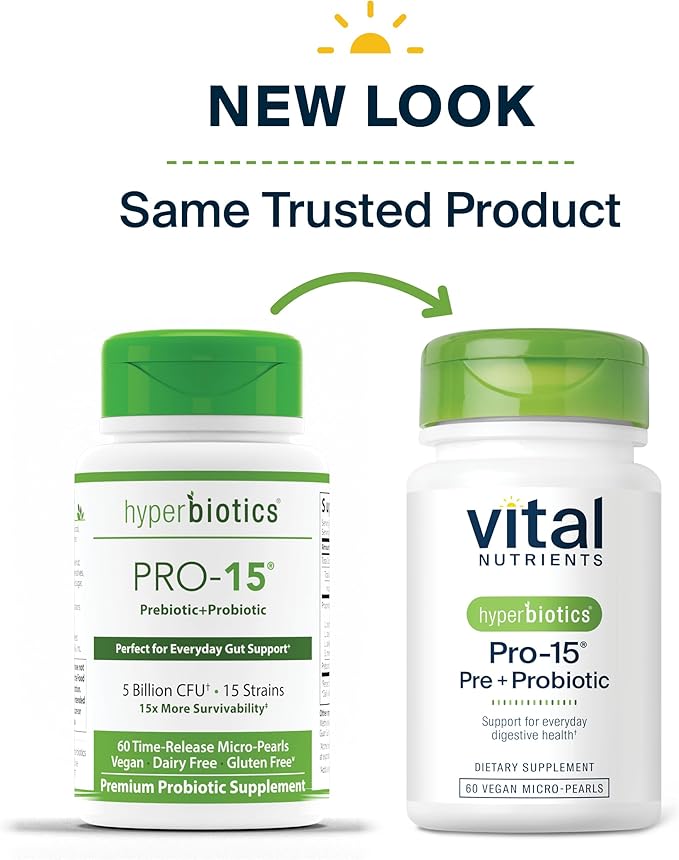 Hyperbiotics Vital Nutrients Pro-15 Prebiotics and Probiotics for Women and Men | 15 Science Backed Strains | Supports Occasional Constipation Diarrhea Gas &amp Bloating | 60 Vegan Time Release Pea
