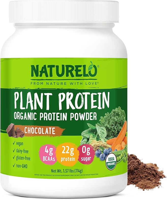 NATURELO Plant Protein Powder Chocolate 22g Protein - Non-GMO Vegan No Gluten Dairy or Soy - No Artificial Flavors Synthetic Coloring Preservatives or Additives - 20 Servings