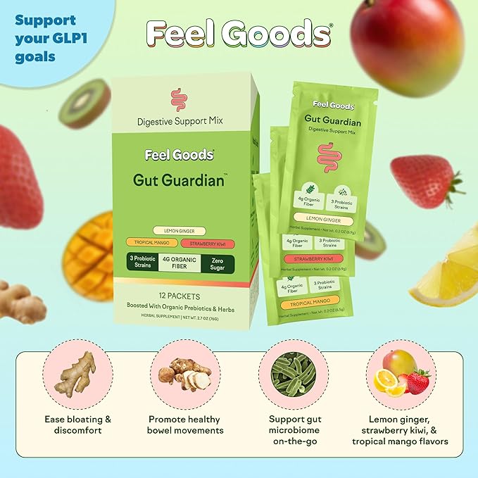 Feel Goods Gut Guardian Digestive Health Powder Packets - Probiotic Fiber Powder with Prebiotics &amp L Glutamine for Gut Health Bloating Relief &amp Digestion Support - Zero Sugar &amp Organic F