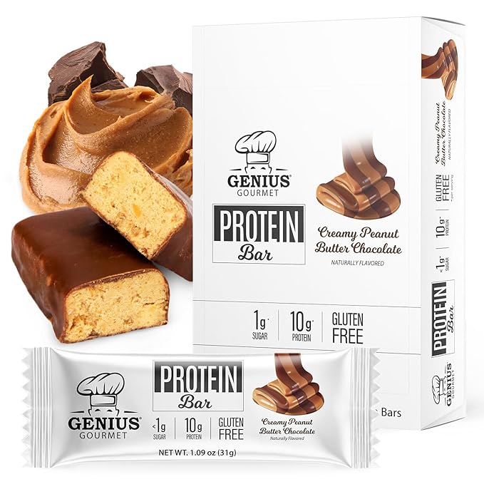 Genius Gourmet Protein Bar Chocolate Peanut Butter Keto Snack Low Carb Low Sugar &amp Gluten Free Protein Snacks for Adults 10G of Whey Protein per Protein Bar 5 Net Carbs 10 Count