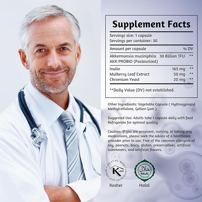 Akkermansia Muciniphila Probiotic 30 Billion TFU Pasteurized Form with Natural Prebiotic Inulin GLP-1 Supplement for Gut Health &amp Digestion Shelf Stable 30 Vegan Capsules