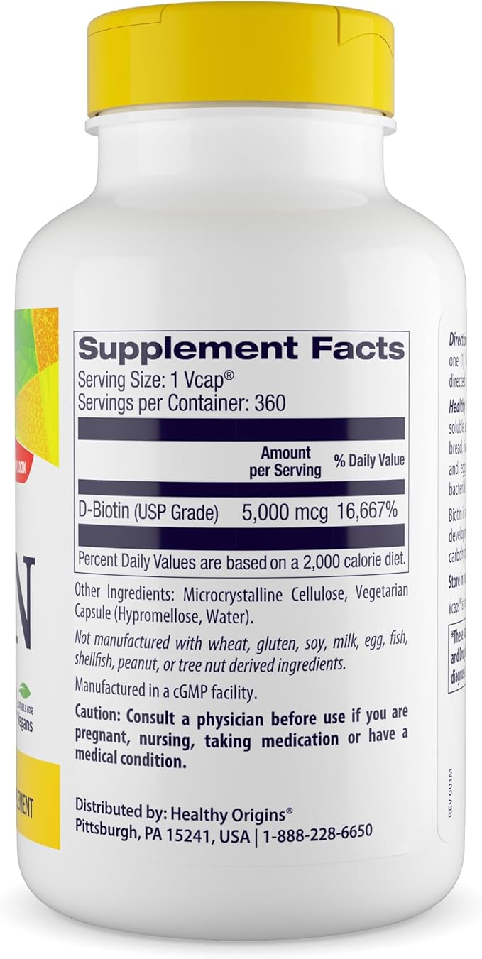 Healthy Origins Biotin 5000 mcg (USP Grade Non-GMO Gluten Free Hair Support Nail Support) 360 Veggie Caps