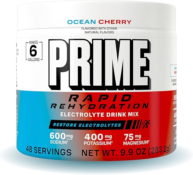 Prime Rapid Rehydration Electrolyte Powder Ocean Cherry Sugar Free Hydration Drink Mix with Sodium Potassium Magnesium &amp B Vitamins to Replenish Fluids Caffeine Free 6 Gallon Tub 48 SRV