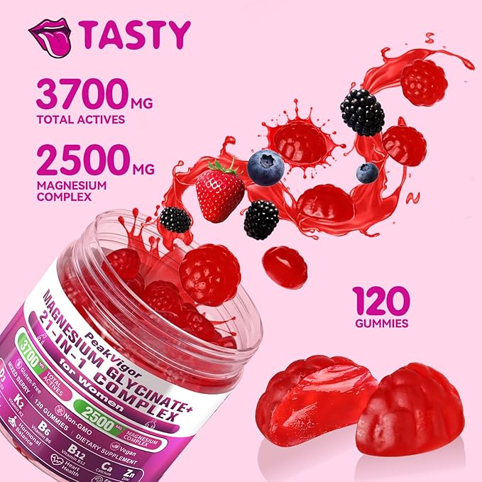 21 in 1 Magnesium Glycinate Gummy for Women with D3 K2 B6 B12 L-Theanine &amp Ashwagandha 2500mg Magnesium Complex Sleep Support Vegan Non-GMOThird-Party Tested (60-Day Supply)
