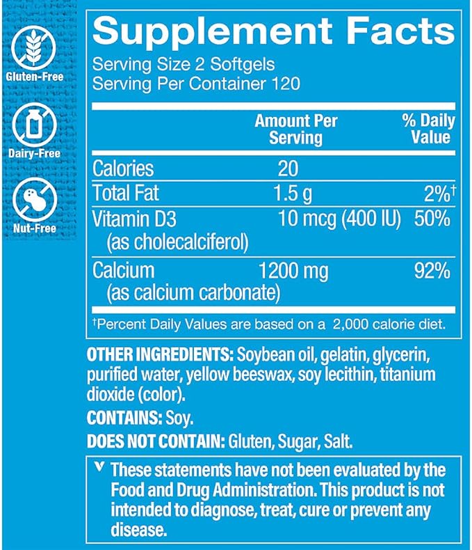 The Vitamin Shoppe Calcium 1200MG - with Vitamin D3 for Bone Strength Teeth Health &amp Overall Support Daily Mineral (240 Softgels)
