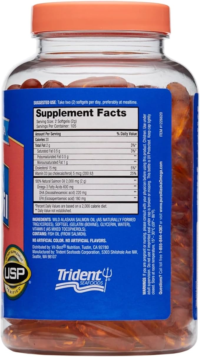 Omega-3 Wild Alaskan Salmon Oil 1000mg Softgels - Omega 3 Wild Alaskan Fish Oil Softgels Salmon Oil for Humans - 210 Count (Pack of 1)
