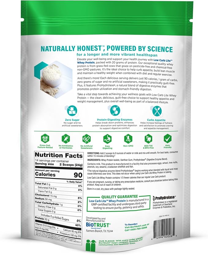 BioTrust Low Carb Lite Low Calorie Protein Powder – Low Carb Sugar Free Low Sodium Keto Protein Powder – 20g Grass-Fed Whey Protein Isolate with Digestive Enzymes – Unflavored 14 Servings