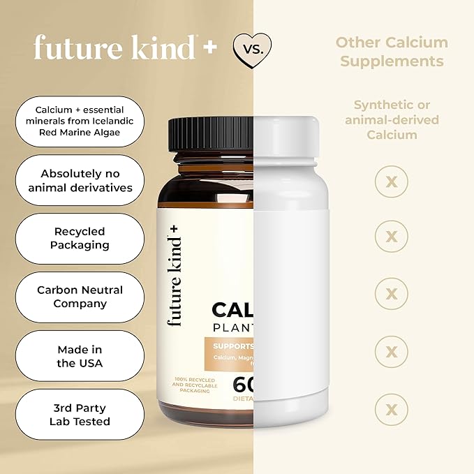 Future Kind Vegan Calcium Supplement - Plant-Based Calcium Magnesium Supplement Sourced from Iceland for Teeth &amp Bone Support (60 Capsules)