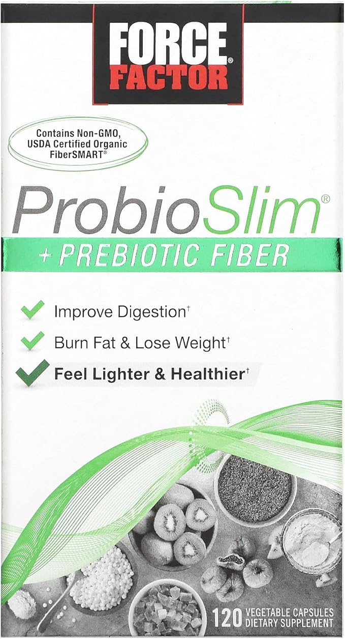 Force Factor ProbioSlim + Prebiotic Fiber Weight Loss Supplement for Women and Men Probiotic and Prebiotic Digestive Health Support with Green Tea Extract and Psyllium Husk Fiber 120 Capsules