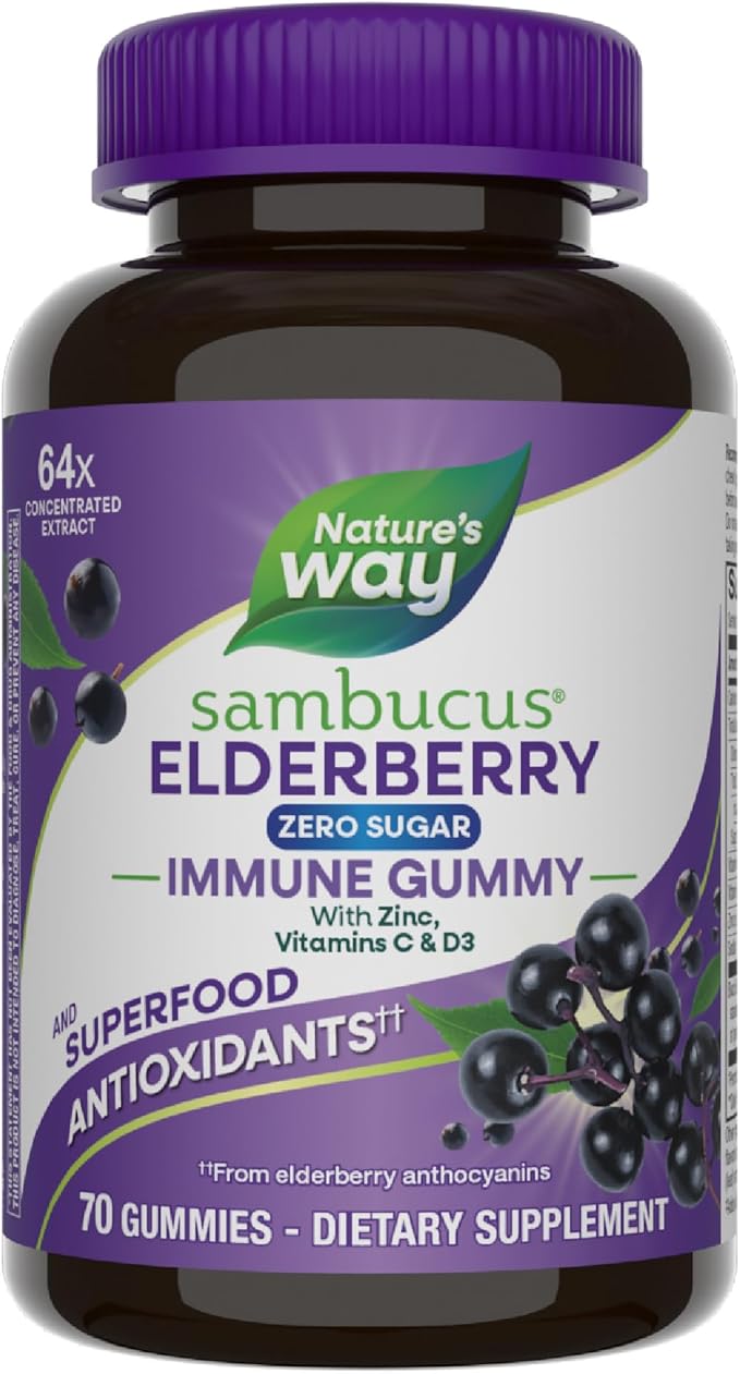 Nature’s Way Sambucus Zero Sugar Immune Gummies Daily Immune Support* Black Elderberry Extract Vitamin C Vitamin D3 Zinc Sugar Free Sugar Alcohol Free Plant-Based Sweeteners 70 Gummies