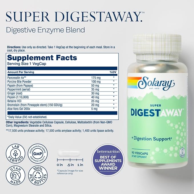 SOLARAY Okra Fiber Powder and Super Digestaway - Soluble Fiber Supplement and Digestive Enzymes Bundle - Support Body Composition Digestion and Gut Health - w/Ginger Papaya Betaine HCl 30/90 Serv