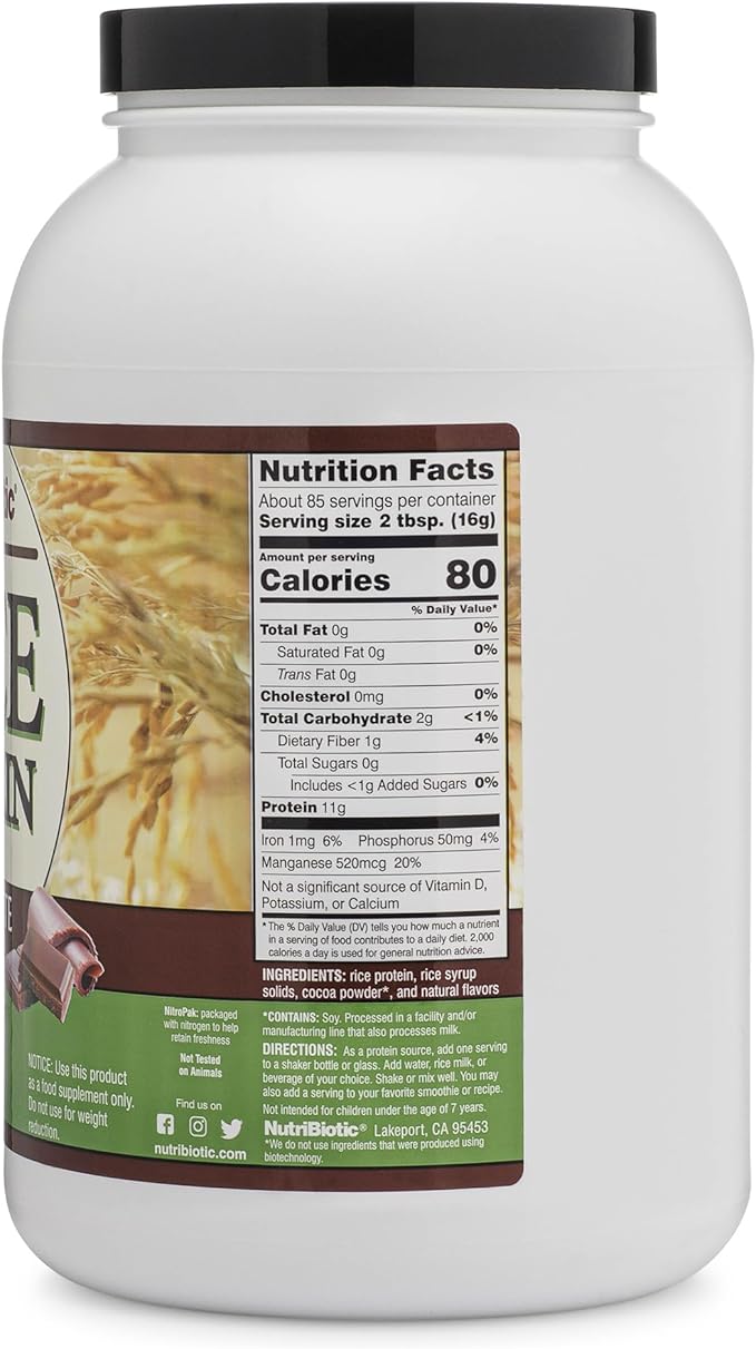 NutriBiotic – Chocolate Rice Protein 3 Lb (1.36kg) | Low Carb Vegetarian &amp Keto-Friendly Raw Protein Powder | Grown &amp Processed Without Chemicals GMOs or Gluten | Easy to Digest &amp Nutri