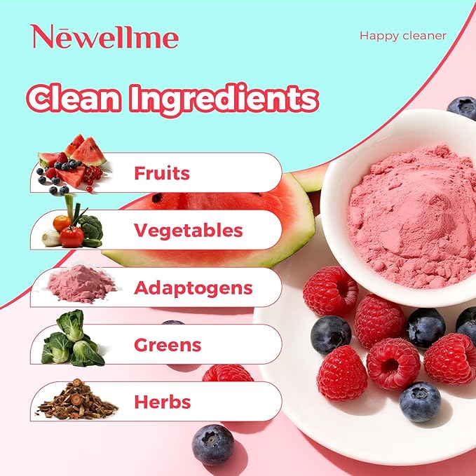 NEWELLME Happy Cleaner Digestive Supplement Powder Gut Health Drink Mix with Probiotics Digestive Enzymes &amp Fiber Supports Digestion and Bloating Watermelon &amp Berry Variety 28 Sachets (2