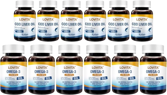 LOVITA 12-Pack Bulk Omega Bundle - 6 Fish Oil &amp 6 Norwegian Cod Liver Oil Max Strength rTG &amp TG Forms Non-GMO (12 Pc)