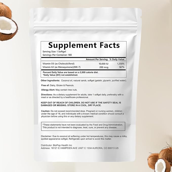 Naturals D3 K2 Vitamin d3 k2 10000 IU+ K2 200 mcg MK-7 Coconut Oil Extra Strength Bone &amp Immune Support 180 Softgels
